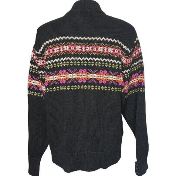 TIARA International Fair Isle Knit Button Up Black Sweater Cardigan Size Medium - Picture 2 of 10